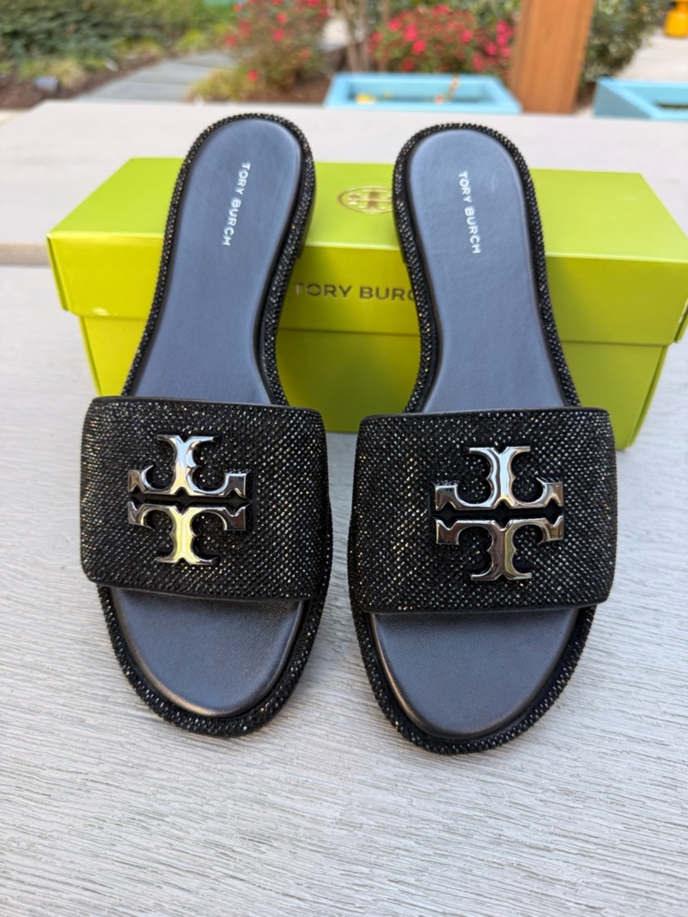 Tory‎ Burch Everly Rhinestone Slide Sandals, Black / Pewter, 9 RUNS SMALL